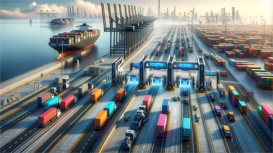 Container ship at a busy Chinese port terminal