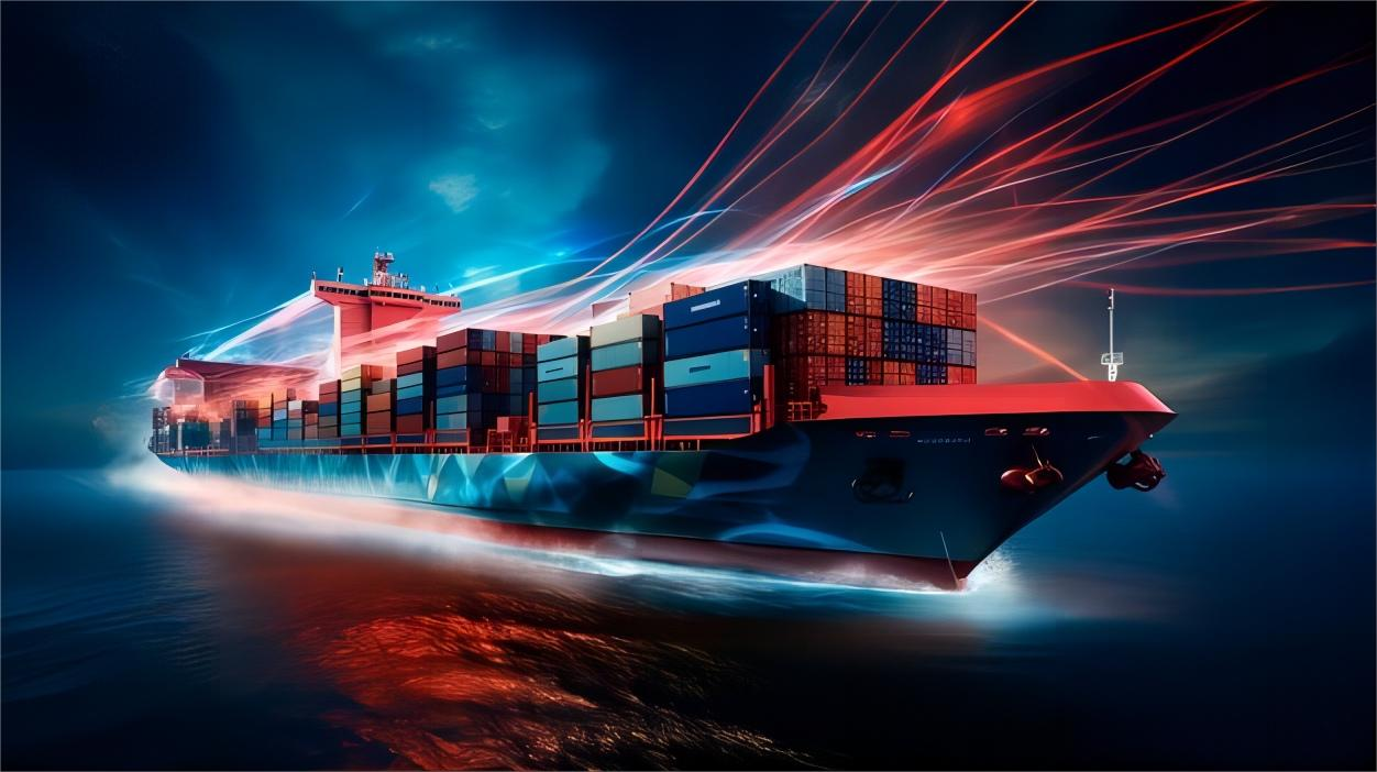 Cargo ship departing from a busy Chinese port