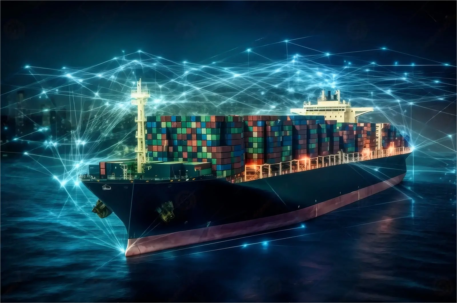 Cargo ships moving through a shipping lane