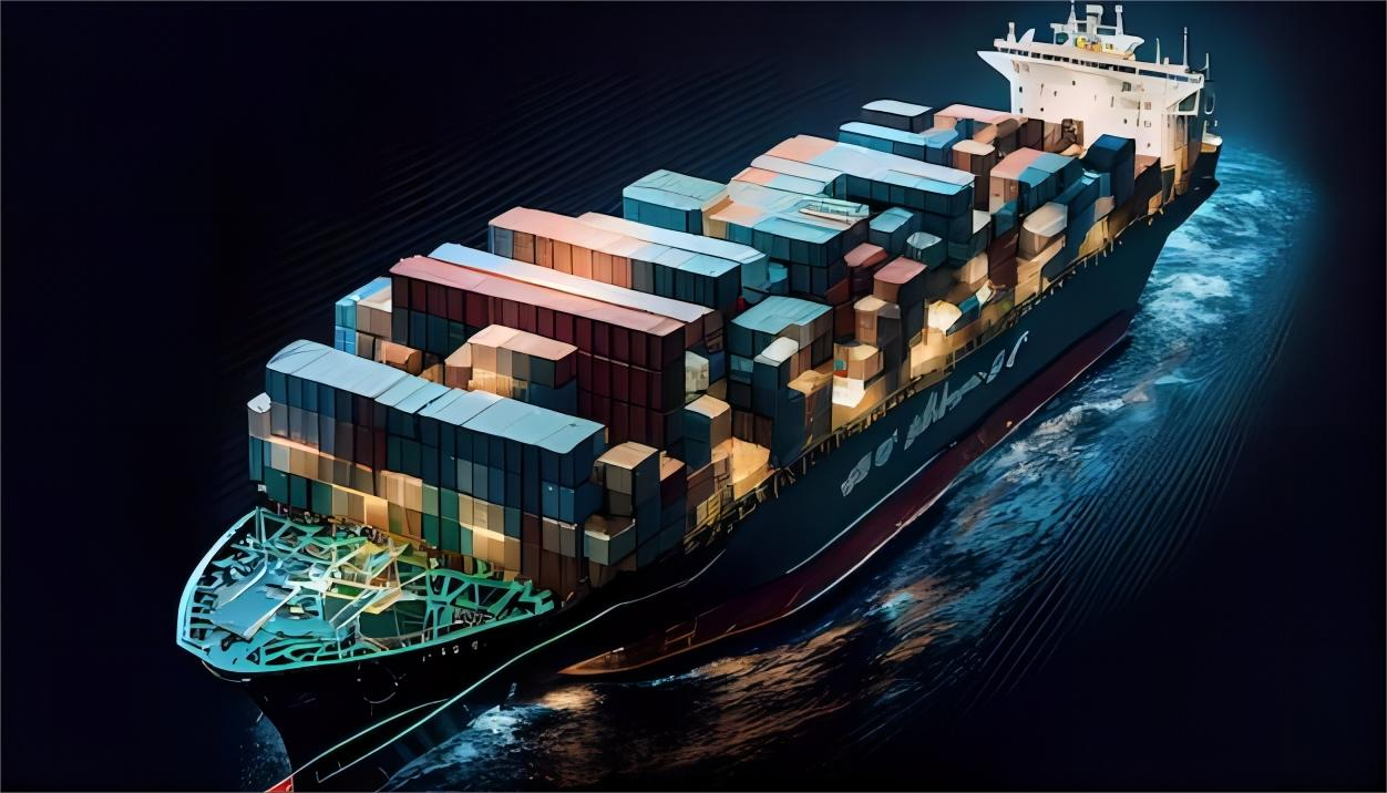 Cargo ship loaded with containers at a busy port